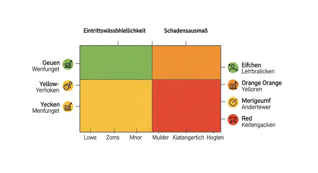 Eine klare und moderne Infografik, die eine Risikomatrix mit zwei Achsen zeigt: 'Eintrittswahrscheinlichkeit' (von niedrig bis hoch) und 'Schadensausmaß' (von gering bis katastrophal). Die Matrix ist in vier Quadranten unterteilt (z.B. Grün, Gelb, Orange, Rot), die die Priorität der Risiken visualisieren. Die Grafik verwendet Icons und kurze deutsche Beschriftungen, um die Handlungsnotwendigkeit in jedem Quadranten zu verdeutlichen. Der Stil ist sauber, professionell und leicht verständlich. → Infografik einer Risikobewertungsmatrix zur Priorisierung von Reputationsrisiken.