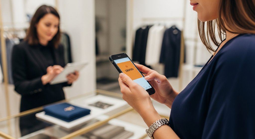 Eine Kundin nutzt ihr Smartphone in einem Modegeschäft, ein Beispiel für das Omnichannel-Erlebnis bei der digitalen Transformation.