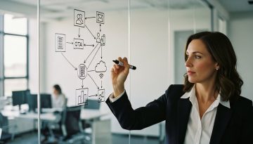 Eine Managerin entwickelt eine digitale Transformationsstrategie an einer Glaswand.