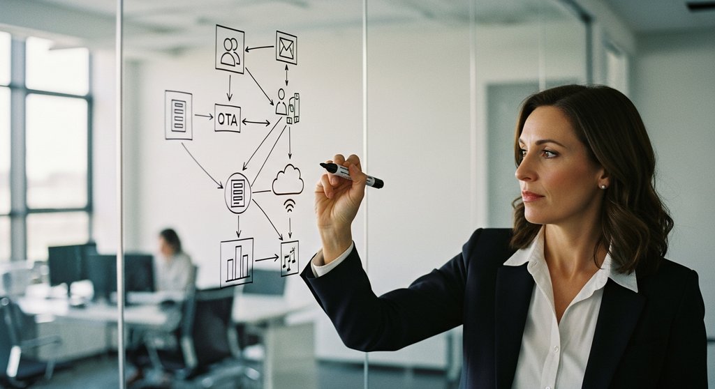 Eine Managerin entwickelt eine digitale Transformationsstrategie an einer Glaswand.