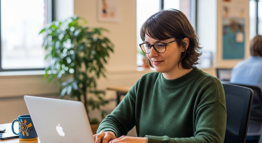 Eine Mitarbeiterin als Markenbotschafterin arbeitet zufrieden an ihrem Laptop.
