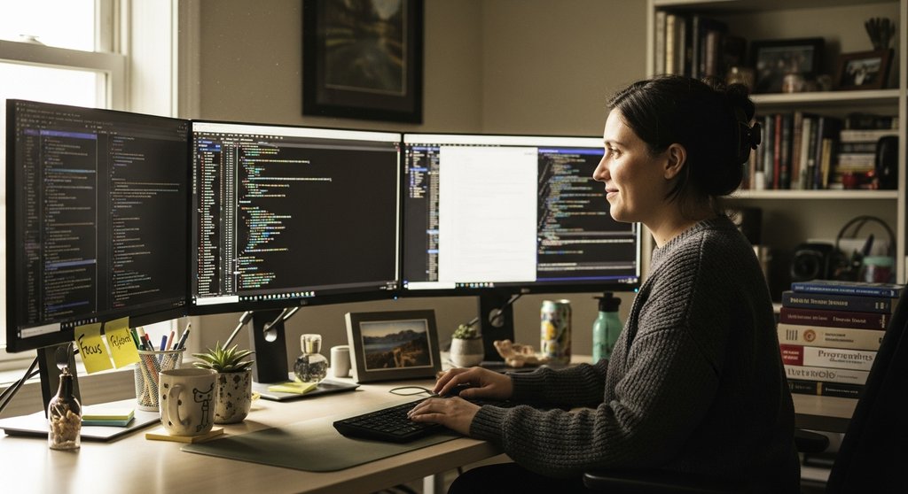 Eine Mitarbeiterin arbeitet konzentriert im Homeoffice, ein Beispiel für Autonomie und Vertrauen im Job.