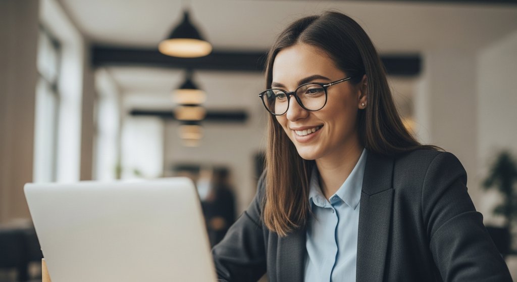 Eine Mitarbeiterin arbeitet konzentriert und zufrieden an ihrem Laptop und stärkt so das Employer Branding.