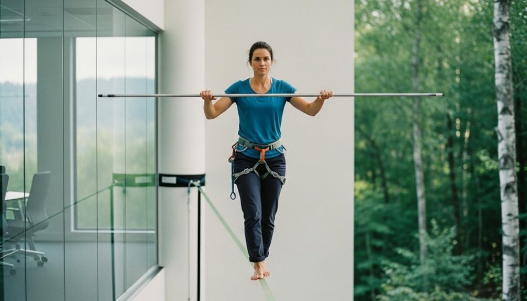 Eine Person balanciert auf einer Slackline zwischen Büro und Natur als Symbol für eine gute Work-Life-Balance.