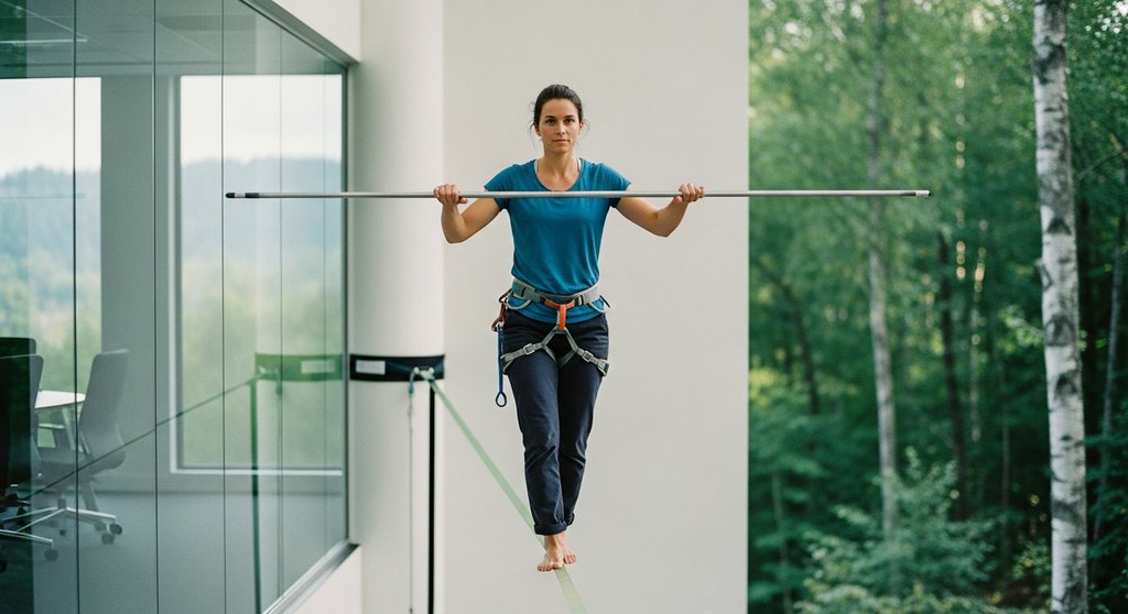 Eine Person balanciert auf einer Slackline zwischen Büro und Natur als Symbol für eine gute Work-Life-Balance.