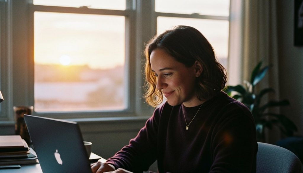 Eine Person genießt nach Feierabend ihre Work-Life-Balance und schließt den Laptop.