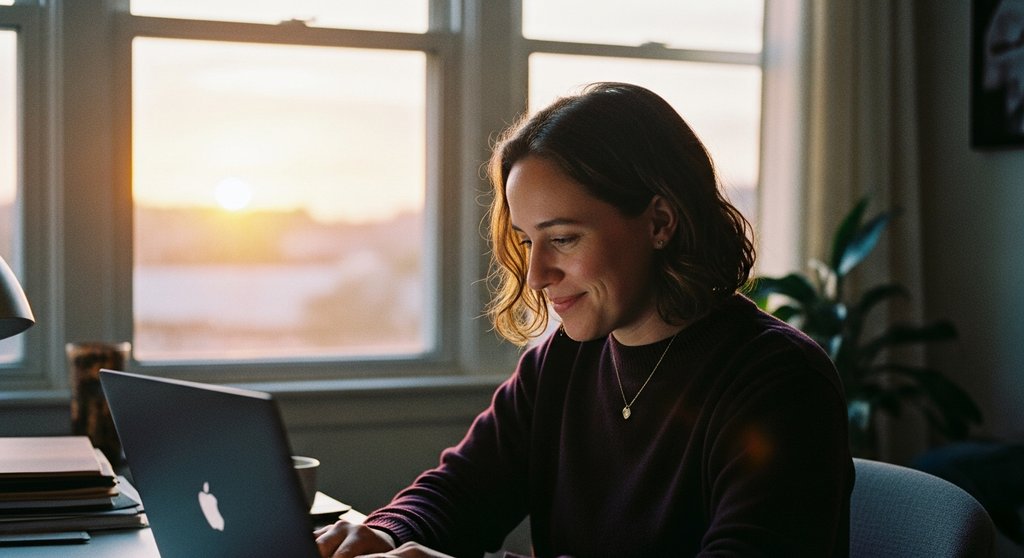 Eine Person genießt nach Feierabend ihre Work-Life-Balance und schließt den Laptop.