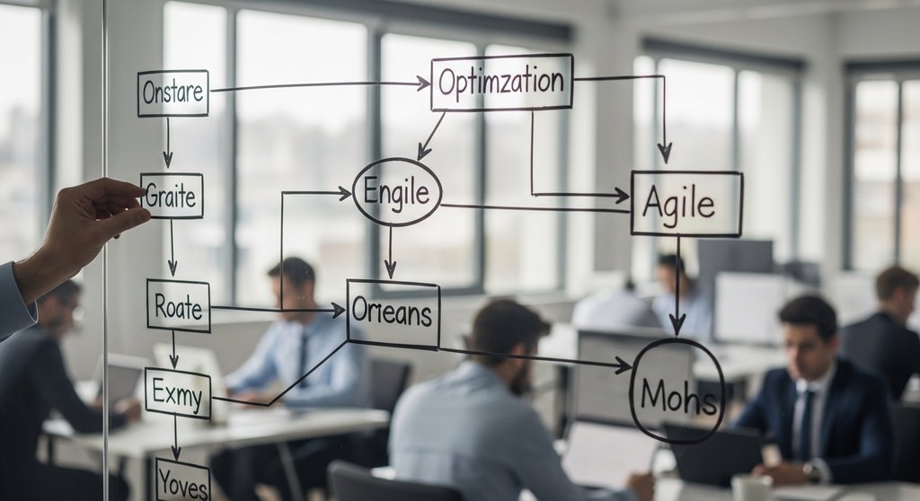 Eine Person optimiert einen Geschäftsprozess, dargestellt auf einem Flowchart an einer Glaswand.