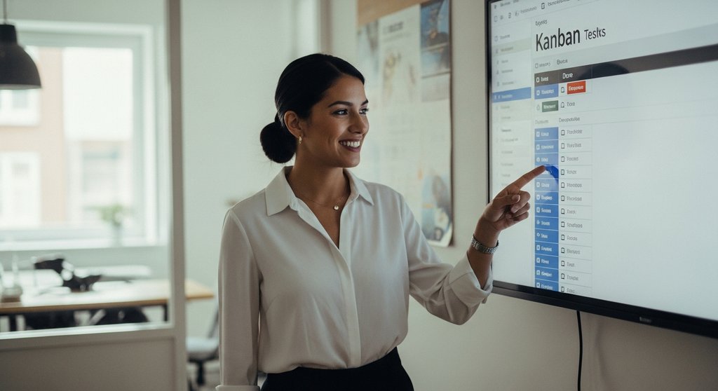 Eine Projektmanagerin zeigt stolz auf eine erledigte Aufgabe auf einem digitalen Kanban Board.