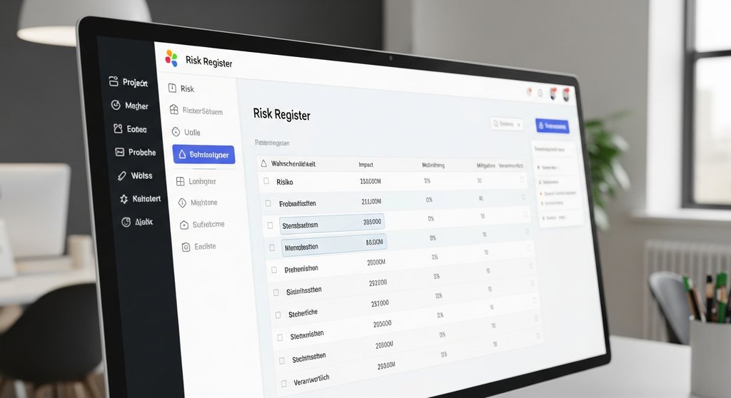 Eine saubere, professionelle Bildschirmaufnahme einer fiktiven Projektmanagement-Software. Der Fokus liegt auf einem übersichtlichen Risikoregister mit Spalten wie 'Risiko', 'Wahrscheinlichkeit', 'Auswirkung', 'Maßnahme' und 'Verantwortlich'. Die Daten sind Platzhalter, die Oberfläche wirkt modern und intuitiv. DSLR, High resolution photography, Depth of field. →