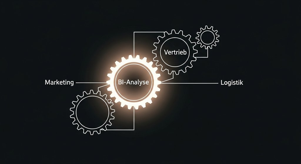 Eine schematische Darstellung von Zahnrädern, von denen eines leuchtet und die anderen in Bewegung setzt, symbolisiert die Effizienzsteigerung durch BI. Minimalistische Infografik, klare Linien auf dunklem Hintergrund. Das leuchtende Zahnrad trägt die Beschriftung 'BI-Analyse'. Die anderen Zahnräder sind mit 'Marketing', 'Vertrieb' und 'Logistik' beschriftet. Der Stil ist modern, clean und professionell, alle Texte sind auf Deutsch.