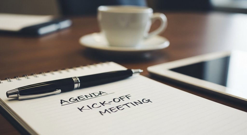 Eine sorgfältig vorbereitete Agenda für ein Kick-Off Meeting auf einem Notizblock.
