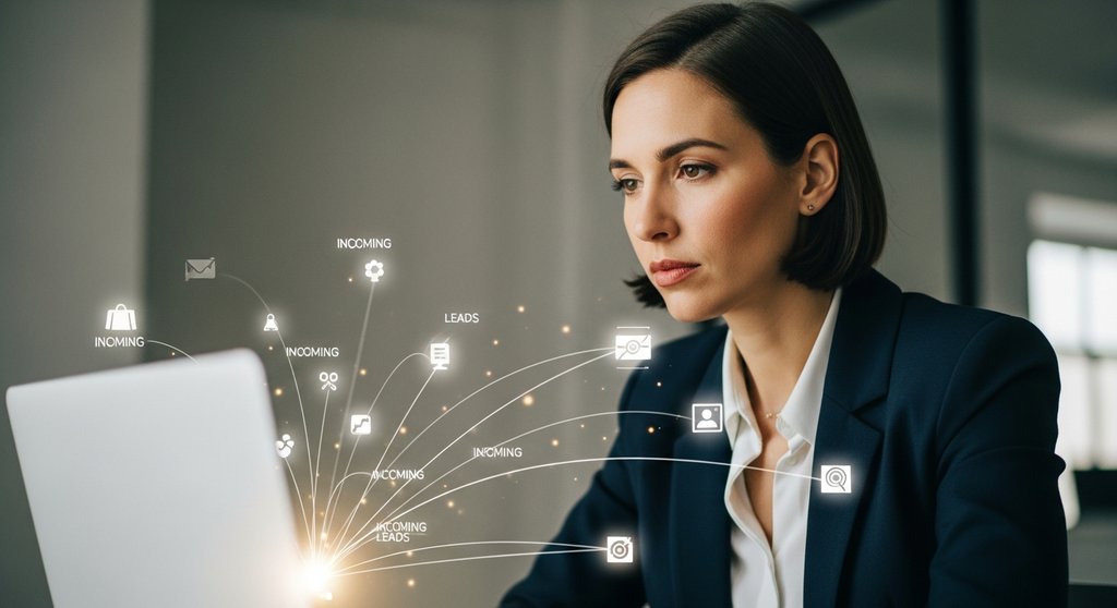 Eine Unternehmerin generiert konzentriert Leads am Laptop in ihrem Büro.