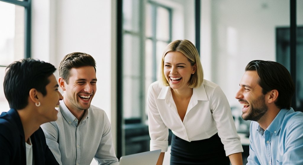 Engagierte Mitarbeiter lachen gemeinsam in einem Meeting und repräsentieren das Unternehmen als Markenbotschafter.