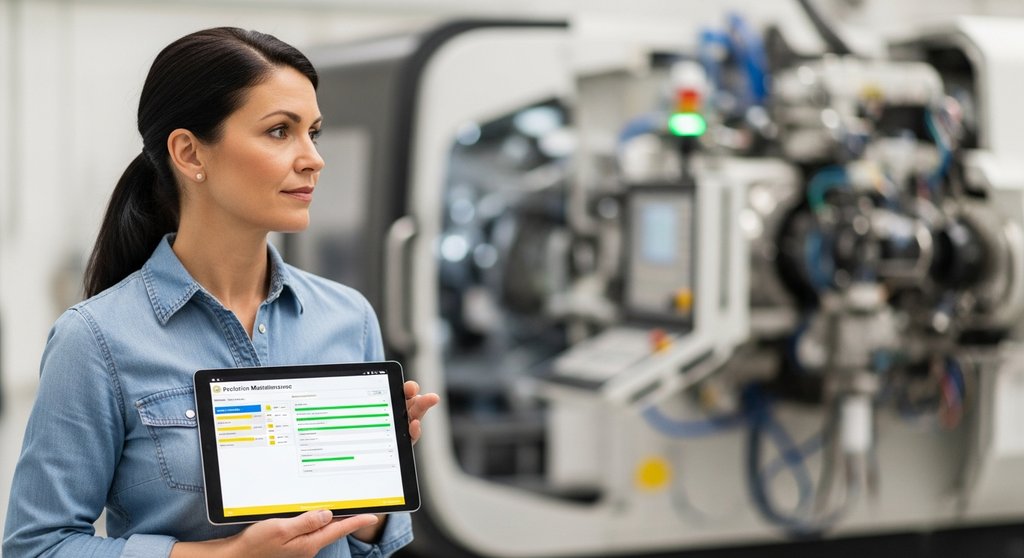 Environmental portrait of a confident female factory manager in her late 40s, standing in a clean, modern production facility. She is holding a tablet that displays a clear predictive maintenance dashboard with green and yellow indicators. She looks thoughtfully towards a large, complex machine in the background, which is slightly blurred (bokeh effect). The lighting is natural and bright, highlighting the clean environment. Shot on DSLR with a 50mm lens, visible skin texture, true-to-life colors. The image conveys competence and forward-thinking.