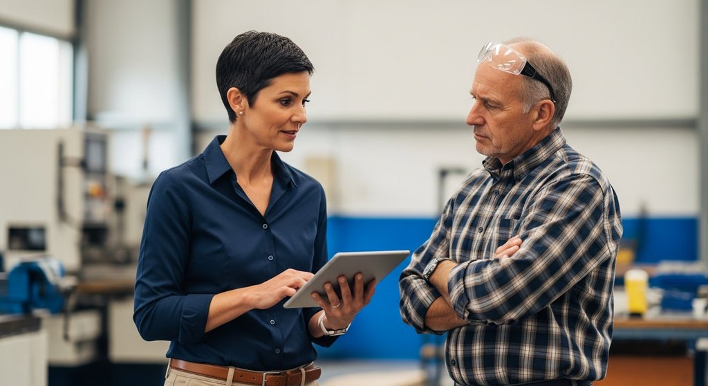 Führungskraft im Gespräch mit einem Mitarbeiter über neue digitale Prozesse im Unternehmen.