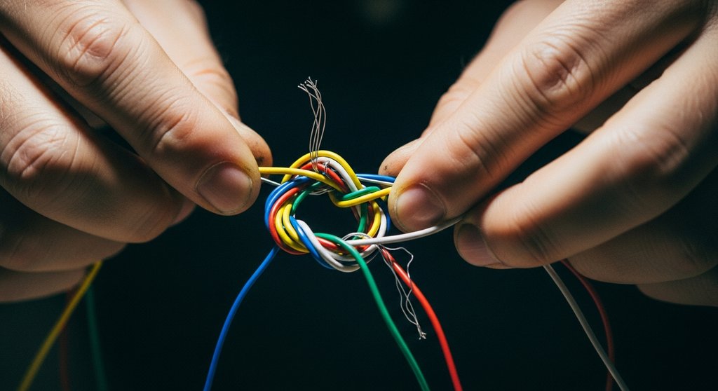 Hände entwirren einen komplexen Knoten, ein Symbol für das Lösen von Problemen bei der BI Implementierung.