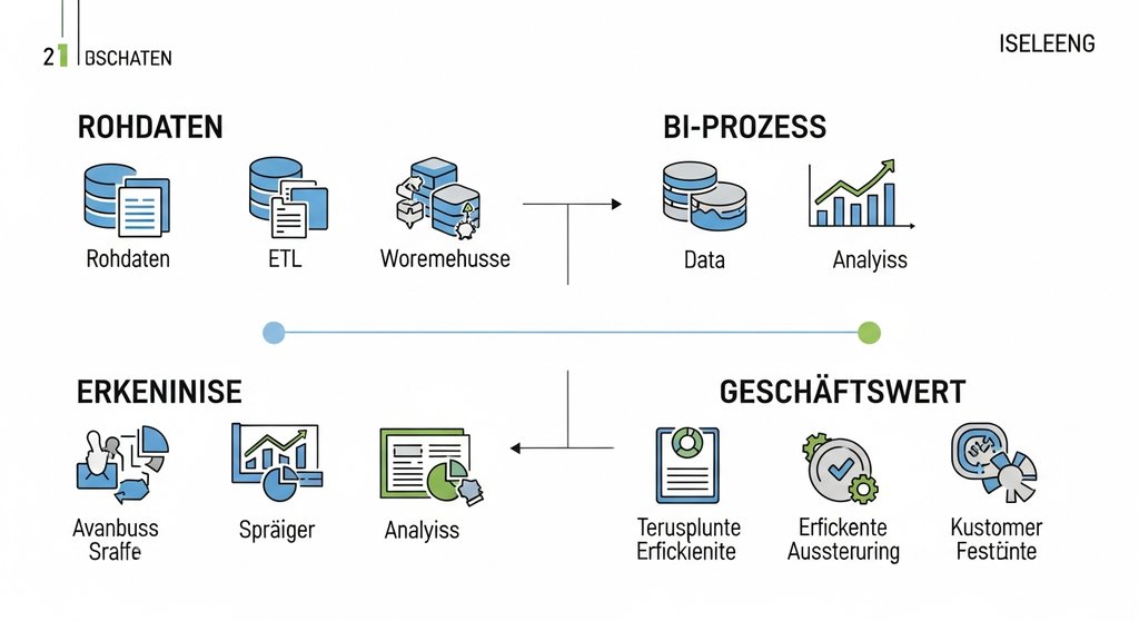 High-resolution, clean infographic in German language displaying the process of turning raw data into profit using Business Intelligence. Use icons and a clear flow: Section 1 'Rohdaten' with icons for databases and spreadsheets. Section 2 'BI-Prozess' with icons for ETL, Data Warehouse, and Analysis. Section 3 'Erkenntnisse' with icons of charts and graphs. Section 4 'Geschäftswert' with icons for increased sales, efficiency, and customer satisfaction. The style should be modern, minimalist, with a professional color scheme of blue, grey, and a single accent color like green. All text must be in German and clearly legible.