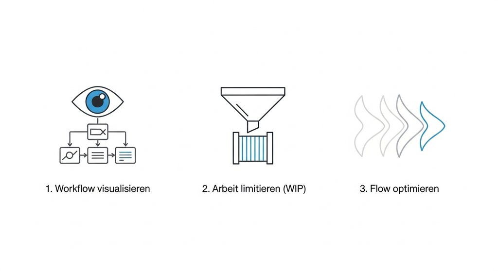 Infografik der drei Kernprinzipien von Kanban: Workflow visualisieren, Arbeit limitieren und Flow optimieren.