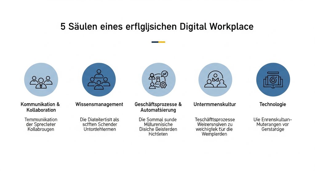 Infografik der fünf Säulen eines Digital Workplace: Kommunikation, Wissen, Prozesse, Kultur und Technologie.
