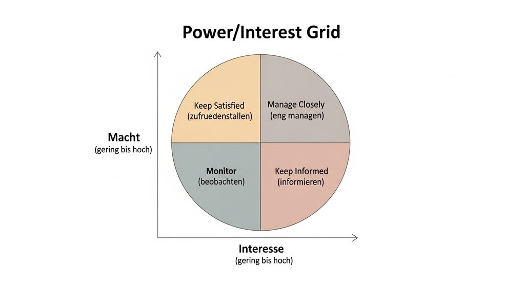 Infografik der Stakeholder-Matrix zur Priorisierung von Interessengruppen nach Macht und Interesse.