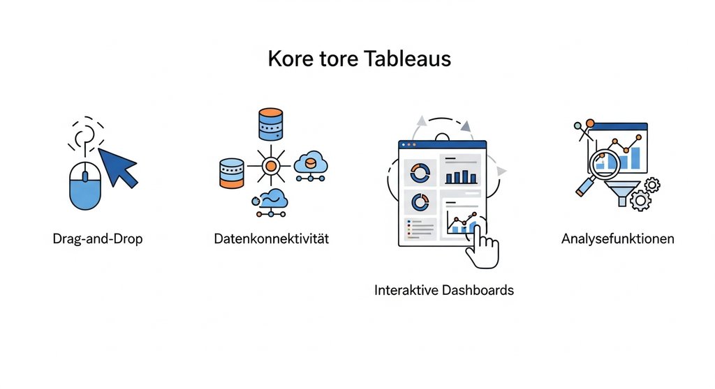 Infografik der vier Kernfunktionen von Tableau: Intuitive Bedienung, Datenanbindung, interaktive Dashboards und Analyse.