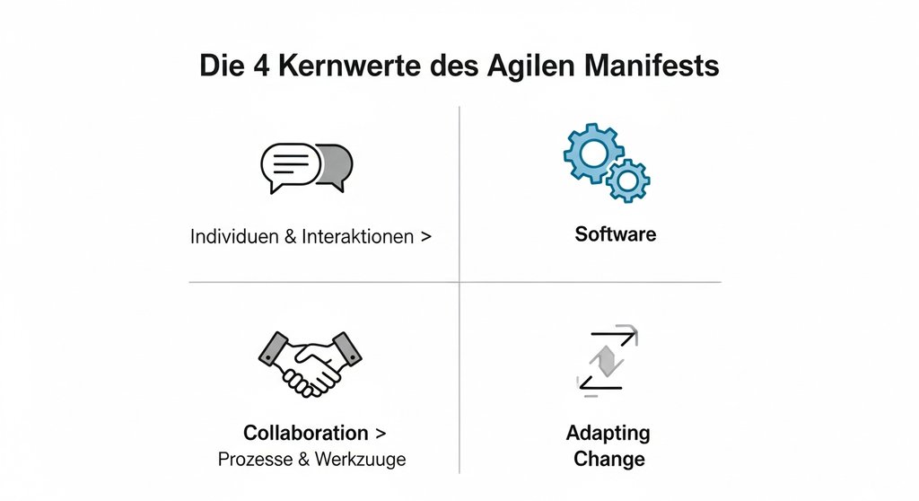 Infografik der vier Kernwerte des agilen Projektmanagements.