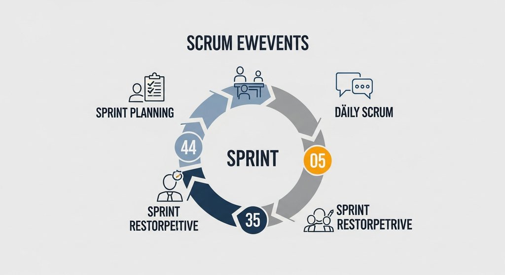 Infografik des Scrum Zyklus mit den fünf Events: Sprint, Sprint Planning, Daily Scrum, Sprint Review und Retrospektive.