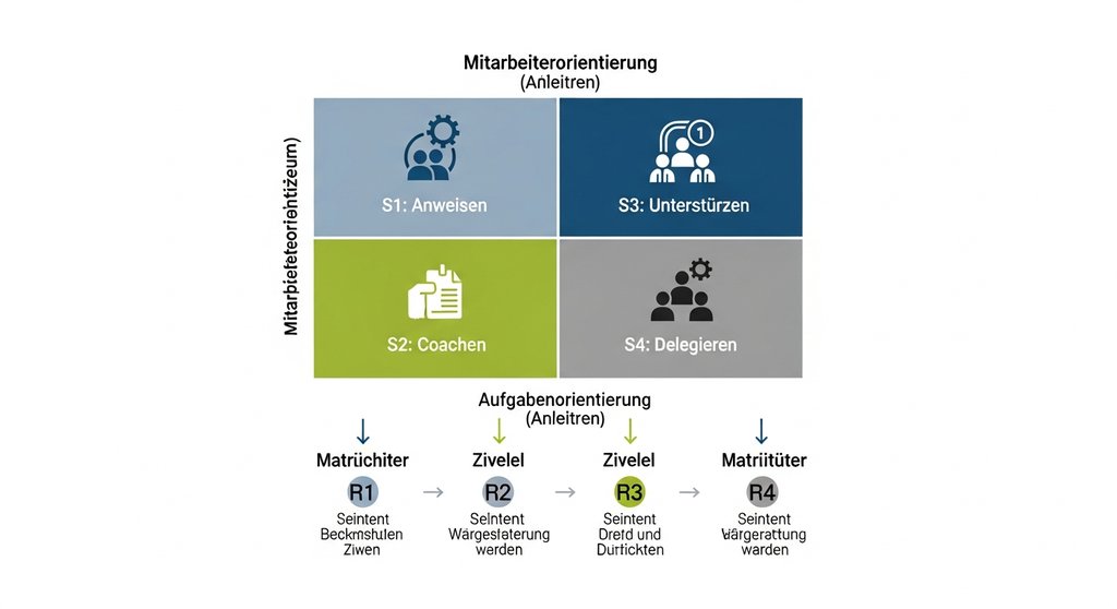 Infografik, die das Modell der situativen Führung mit den vier Führungsstilen und den vier Reifegraden von Mitarbeitern darstellt.