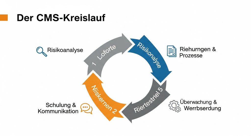 Infografik, die den Kreislauf eines Compliance-Management-Systems mit den vier Schritten Analyse, Richtlinien, Schulung und Überwachung zeigt.