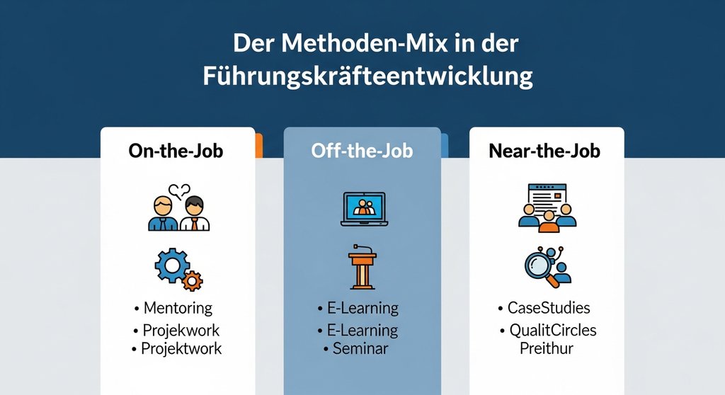 Infografik, die den Methoden-Mix in der Führungskräfteentwicklung mit den Säulen On-the-Job, Off-the-Job und Near-the-Job darstellt.