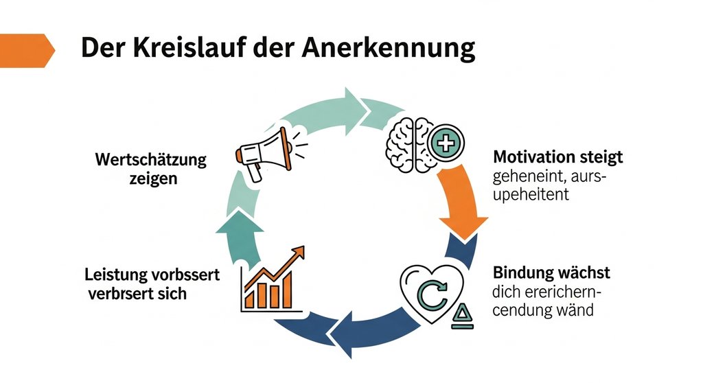 Infografik, die den positiven Kreislauf von Mitarbeiteranerkennung auf Motivation, Leistung und Bindung darstellt.