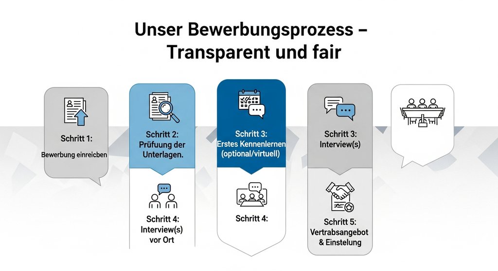 Infografik, die den transparenten, 5-stufigen Bewerbungsprozess des Unternehmens darstellt.