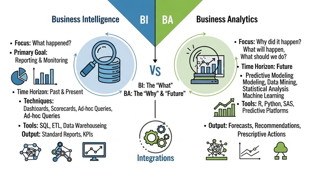 Infografik, die den Unterschied zwischen Business Intelligence und Business Analytics visuell darstellt.