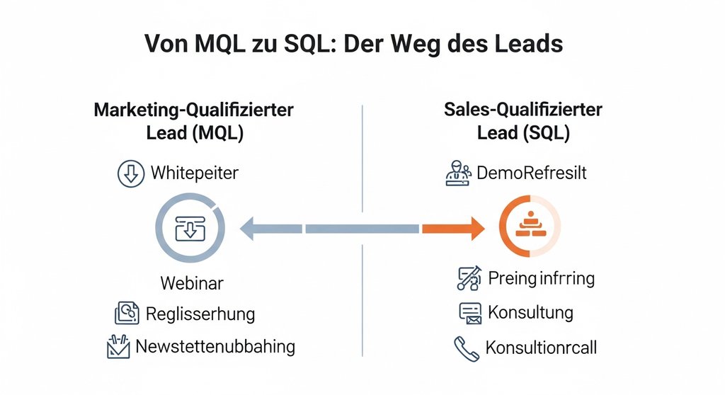 Infografik, die den Unterschied zwischen Marketing-Qualifizierten Leads (MQL) und Sales-Qualifizierten Leads (SQL) erklärt.
