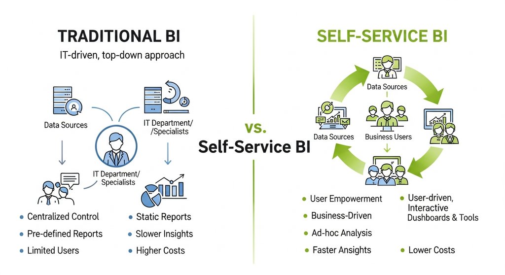 Infografik, die den Unterschied zwischen traditioneller BI und Self-Service BI zeigt.