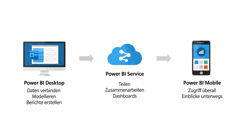 Infografik, die die drei Kernkomponenten von Power BI zeigt: Desktop, Service und Mobile Apps.