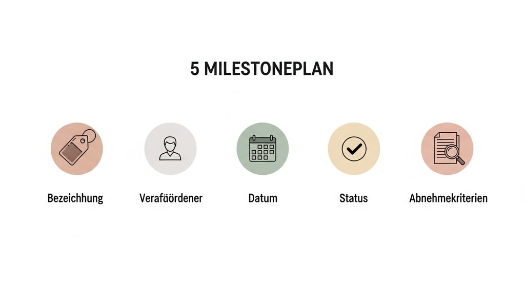 Infografik, die die fünf wesentlichen Bestandteile einer Meilensteinplan Vorlage übersichtlich darstellt.
