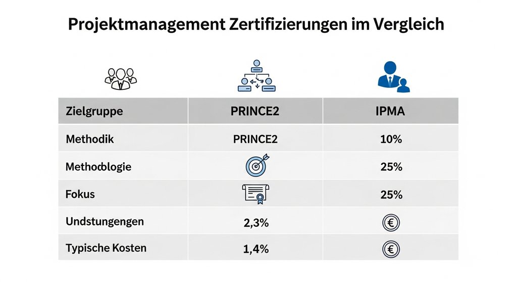 Infografik, die die Projektmanagement Zertifizierungen PMP, PRINCE2 und IPMA anhand wichtiger Kriterien vergleicht.