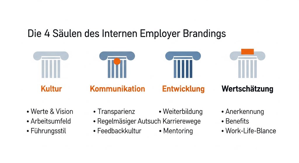 Infografik, die die vier Säulen des internen Employer Brandings zeigt: Kultur, Kommunikation, Entwicklung und Wertschätzung.