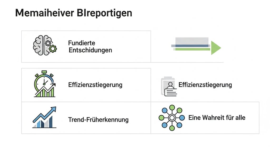 Infografik im klaren, minimalistischen Stil, die die vier Hauptvorteile von BI-Reporting zeigt: 'Fundierte Entscheidungen', 'Effizienzsteigerung', 'Trend-Früherkennung' und 'Eine Wahrheit für alle'. Jedes Element wird durch ein stilisiertes Icon (Gehirn mit Zahnrädern, Stoppuhr, aufsteigender Pfeil, verbundene Kreise) und einen kurzen deutschen Text repräsentiert. →