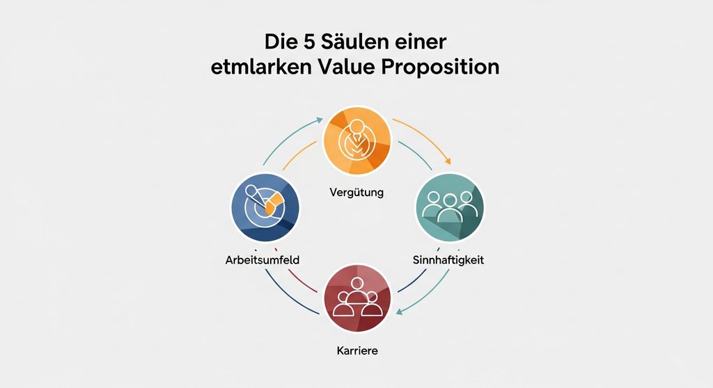 Infografik zu den 5 Kernkomponenten der Employer Value Proposition: Vergütung, Benefits, Karriere, Arbeitsumfeld und Sinnhaftigkeit.
