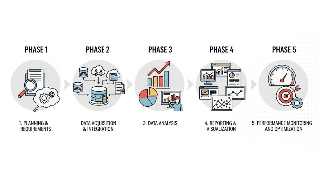 Infografik zu den 5 Phasen der Business Intelligence Strategie.