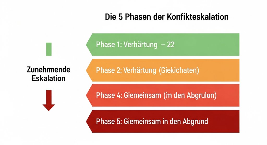 Infografik zu den 5 Phasen der Konflikteskalation von Verhärtung bis zum gemeinsamen Abgrund.
