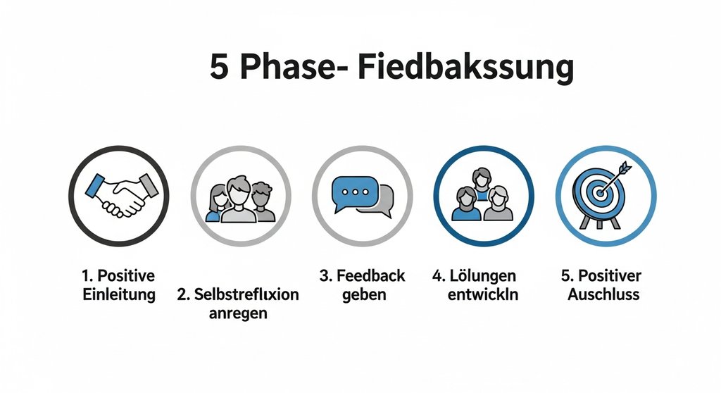 Infografik zu den 5 Phasen eines erfolgreichen Feedbackgesprächs für Führungskräfte.