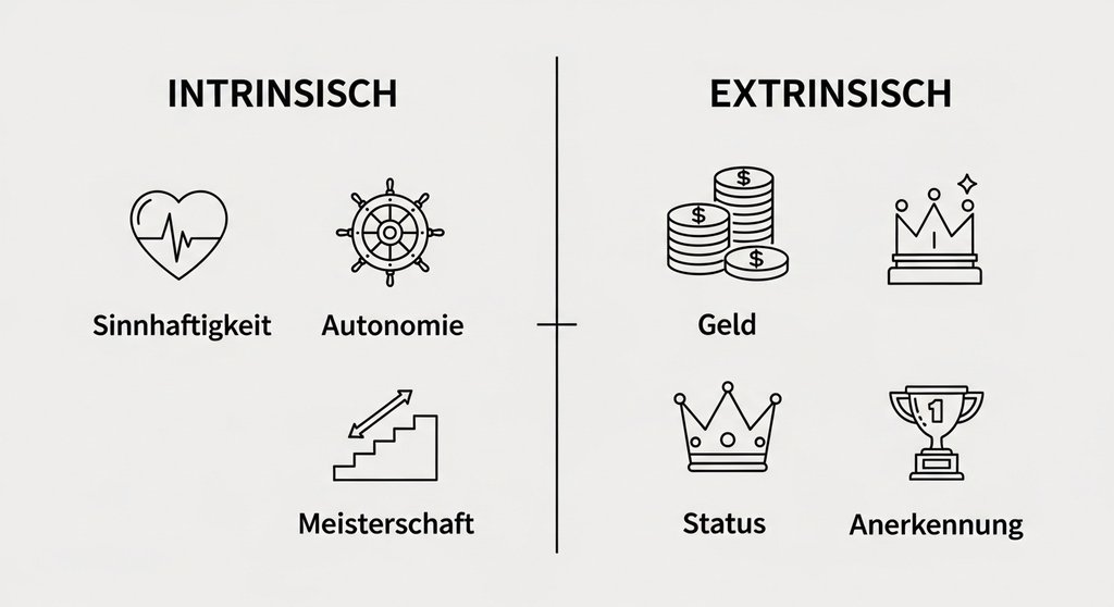 Infografik zum Vergleich von intrinsischer Motivation (Sinn, Autonomie) und extrinsischer Motivation (Geld, Status).