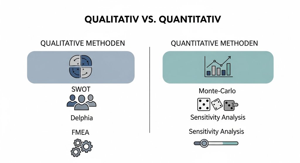 Infografik zum Vergleich von qualitativen und quantitativen Risikoanalyse Methoden.