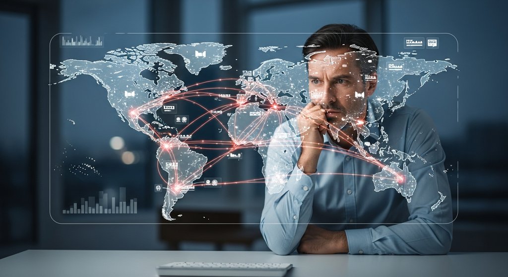 Logistikmanager betrachtet besorgt eine digitale Weltkarte mit unterbrochenen Lieferrouten.
