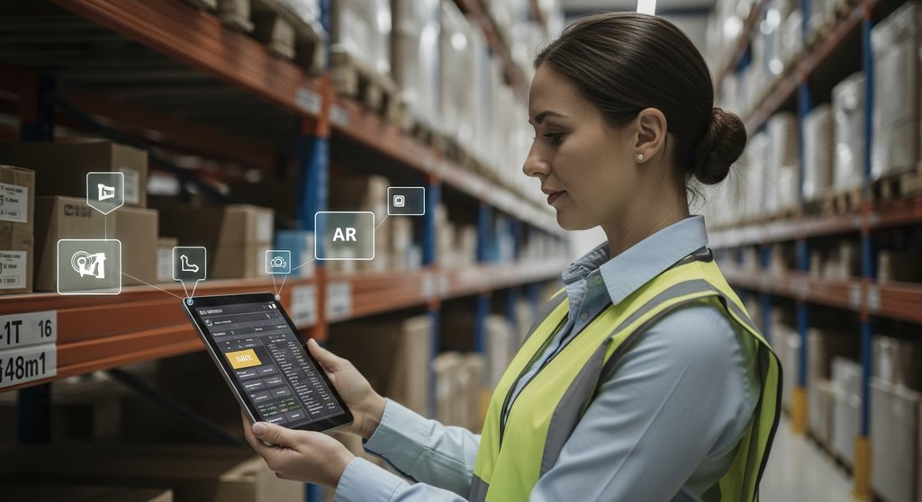 Logistikmanagerin optimiert Lagerbestände mit einem Tablet, ein Vorteil der Digitalisierung.