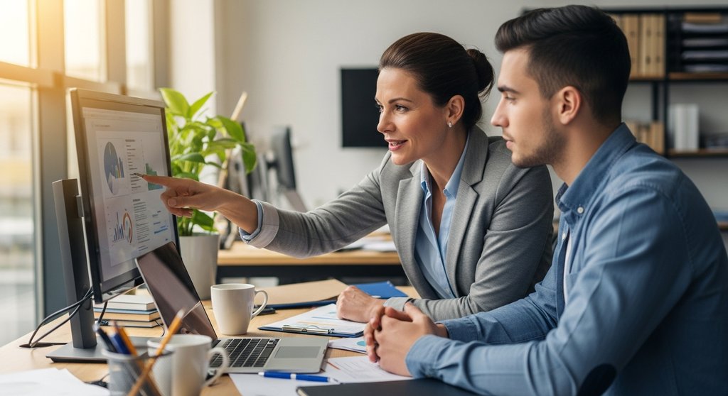 Mentorin unterstützt einen jungen Kollegen bei der Karriereentwicklung am Schreibtisch.